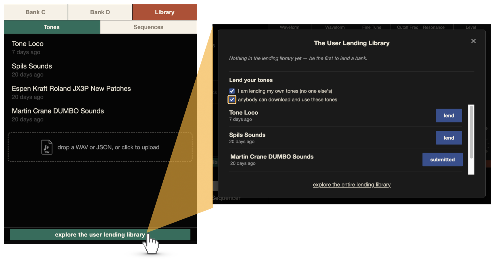 Lending from inside JP Patches — the Library tab's explore button opens the lending modal; checking the two consent boxes reveals lend buttons next to your packages
