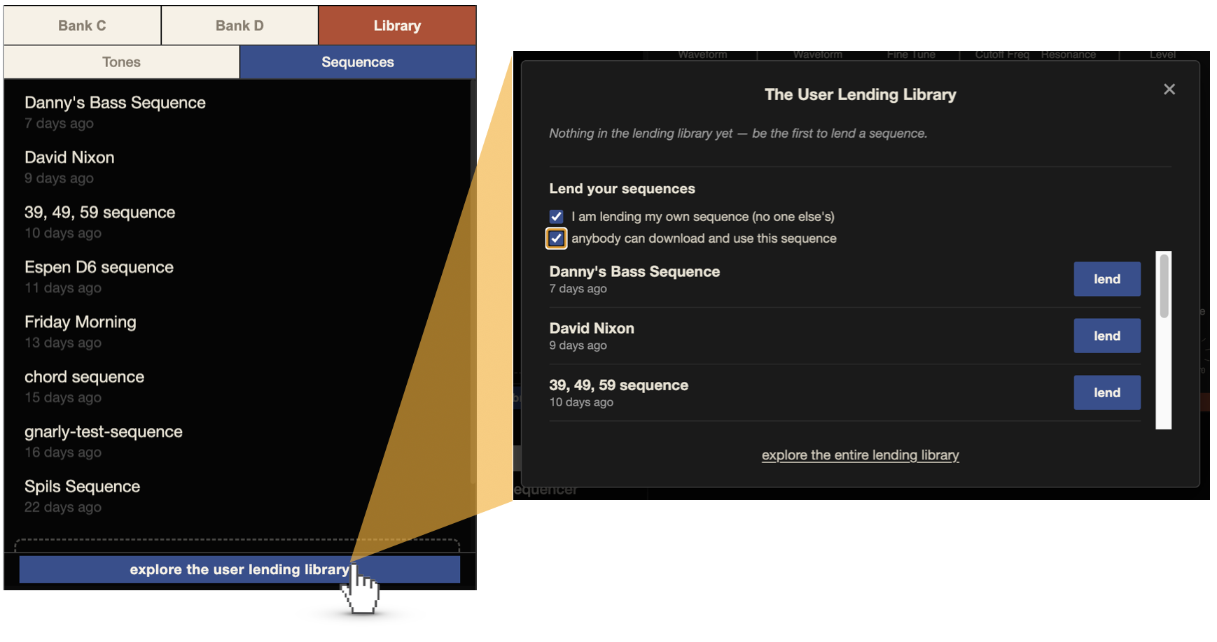 Lending a sequence from inside JP Patches — the Sequences tab's explore button opens the lending modal; checking the two consent boxes reveals lend buttons next to your sequences