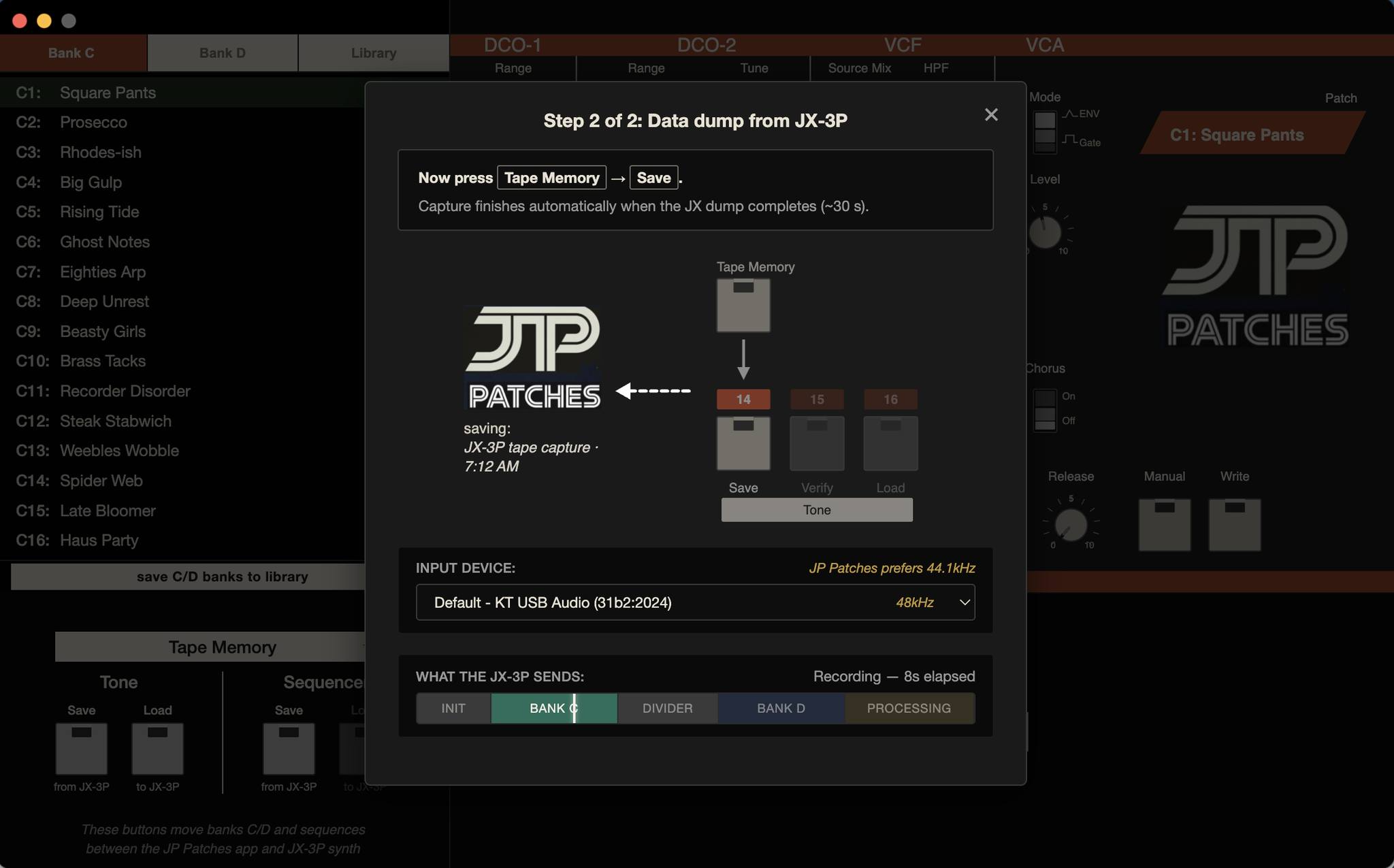 Record-from-JX-3P modal mid-capture — JP Patches receives the tape dump audio with a live level meter and segmented transmission timeline