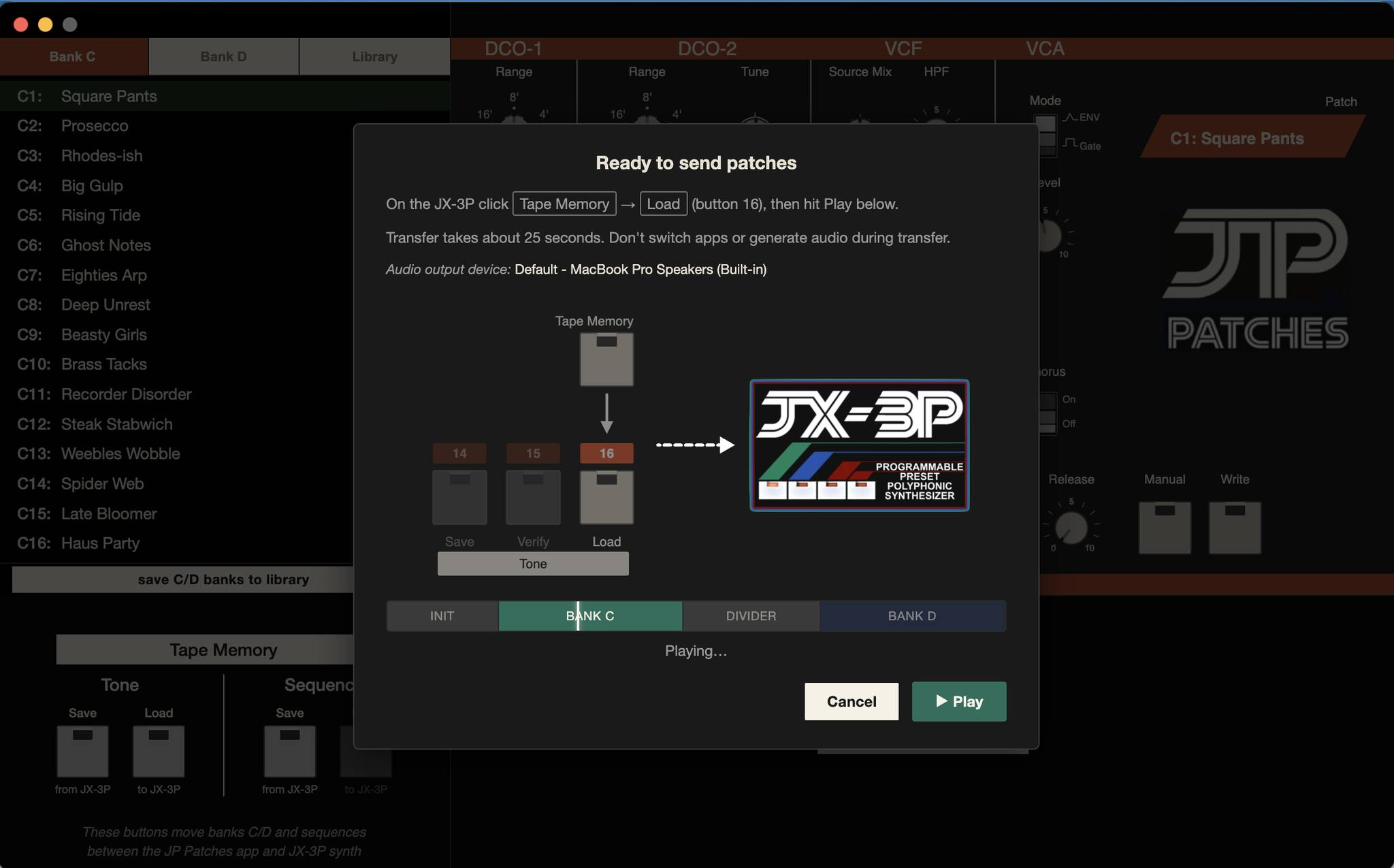 Send-to-JX-3P modal — JP Patches plays the tape dump out to the synth with timeline progress and pulse indicator