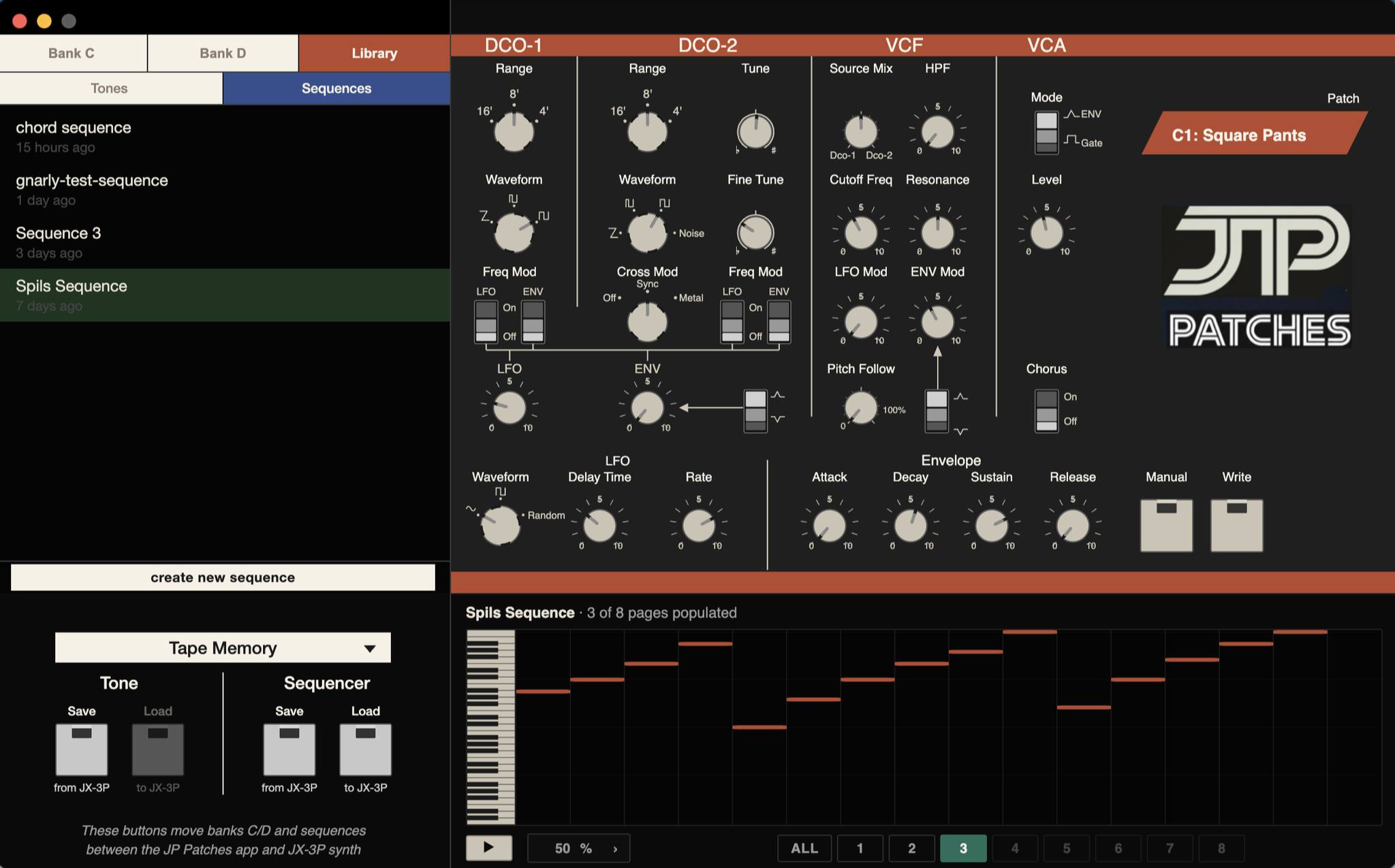 Library tab showing the sequence editor — piano-roll visualizer with edits in progress, save-as-new-copy flow